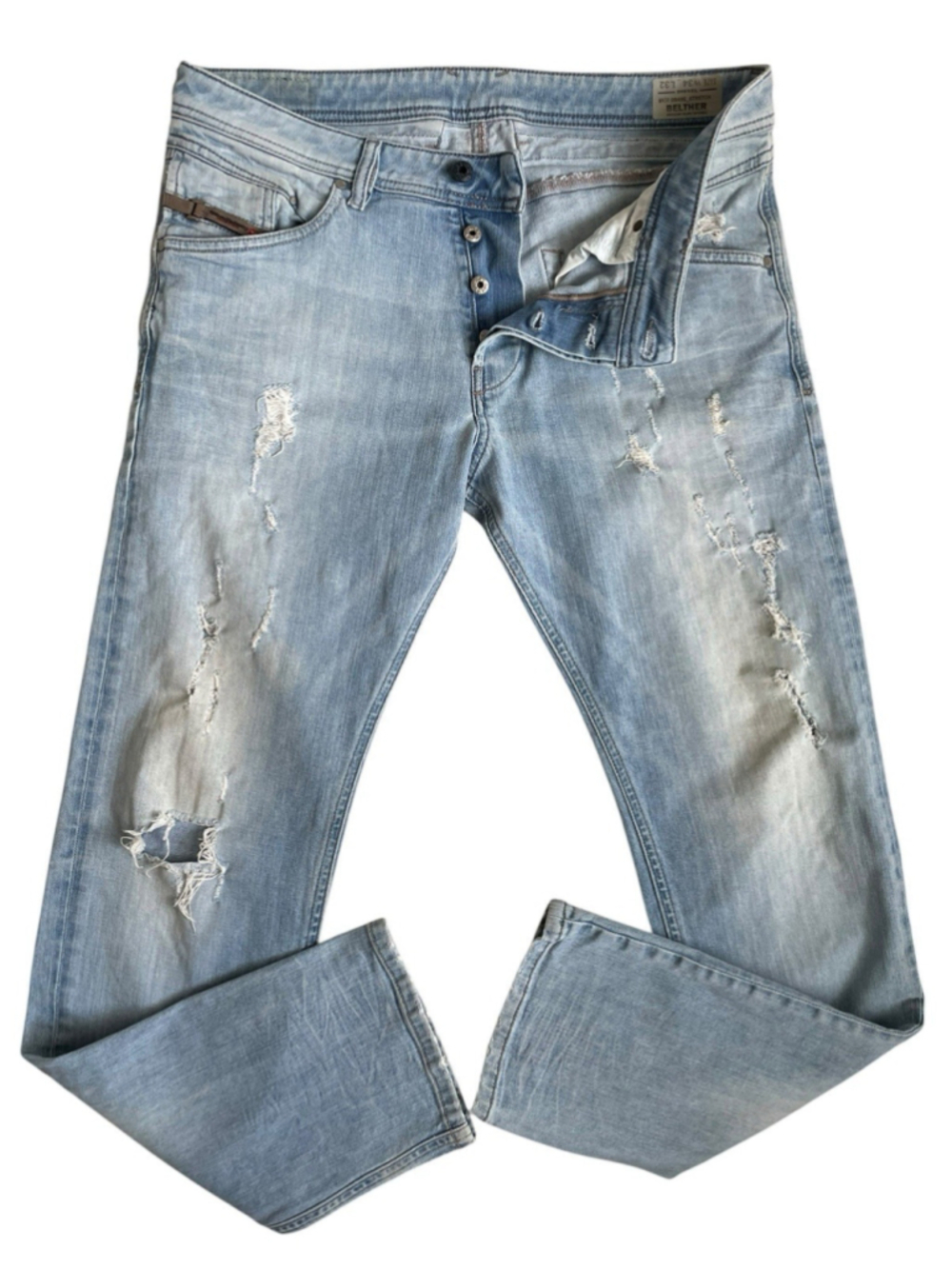 Diesel Belther Jeans Men 34x32 Blue Regular Slim Tapered Distressed Button Fly